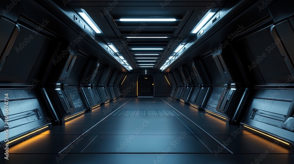 Futuristic corridor in a sci-fi spaceship, featuring sleek metallic walls and glowing blue lights. Futuristic corridor in a sci-fi spaceship, featuring sleek metallic walls and glowing blue lights.