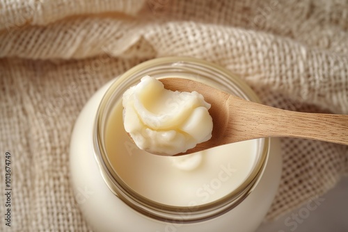 Jar of tallow fat with wooden spoon resting inside. White creamy solid fat in jar on beige cloth background. Fat scooped out with wooden spoon for cooking.