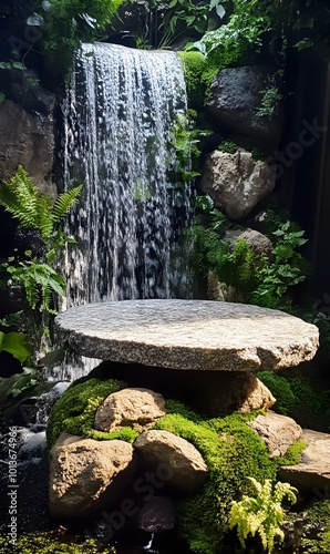 1. A serene nature scene featuring a stone podium for product display, set against a stunning waterfall cascading down moss-covered rocks, creating a tranquil and refreshing atmosphere photo