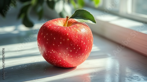 A red apple with green leaf, natural light, lively and fresh film style