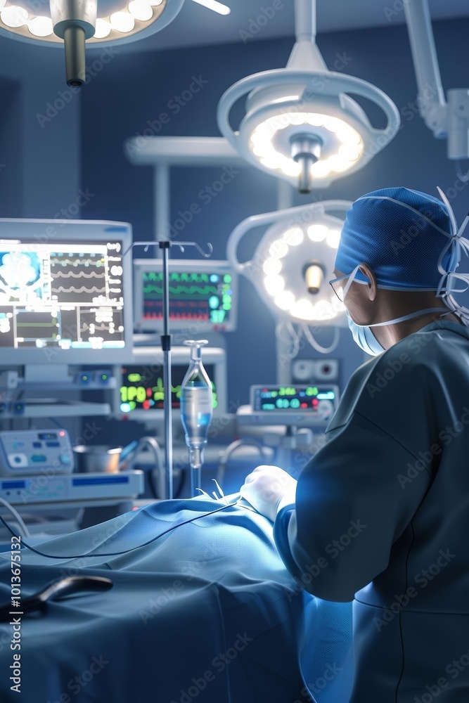 Surgeon operating in a modern surgical room with advanced medical equipment. Surgeon operating in a modern surgical room with advanced medical equipment.