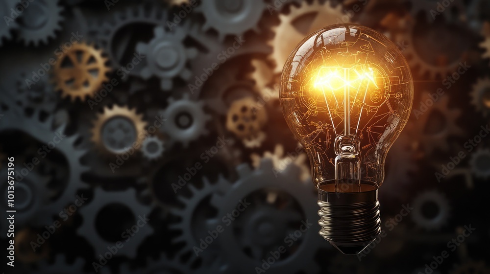 A glowing light bulb amidst an arrangement of metallic gears, symbolizing innovation and creativity. A glowing light bulb amidst an arrangement of metallic gears, symbolizing innovation and creativity.