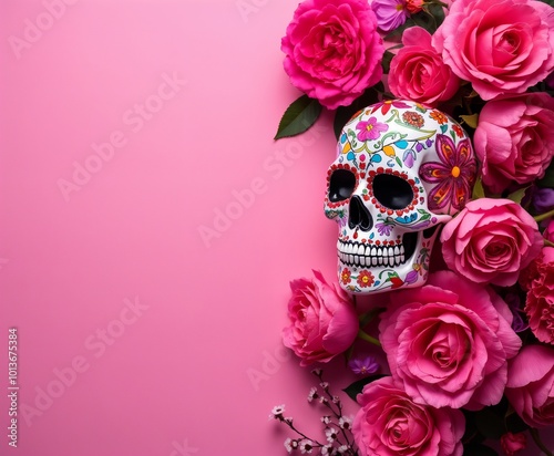 Joyful Remembrance Day of the Dead Día de los Muertos Skull Pink Background Copyspace