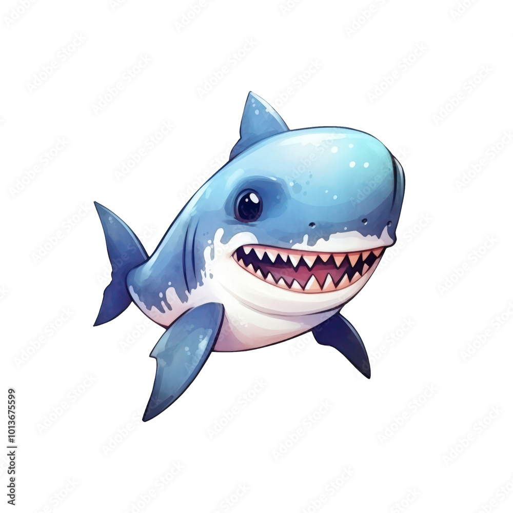 Smiling blue shark with white teeth, water splash background. Ideal for ocean themed designs, children's illustrations, and marine conservation materials. Generative AI