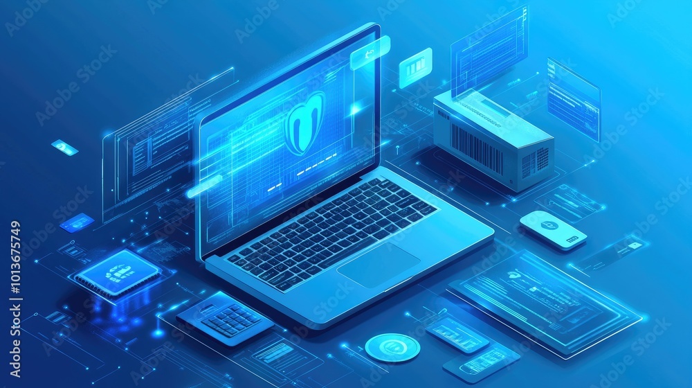 Futuristic blue-toned digital workspace with a laptop and various tech elements, showcasing modern technology and innovation. Futuristic blue-toned digital workspace with a laptop and various tech elements, showcasing modern technology and innovation.