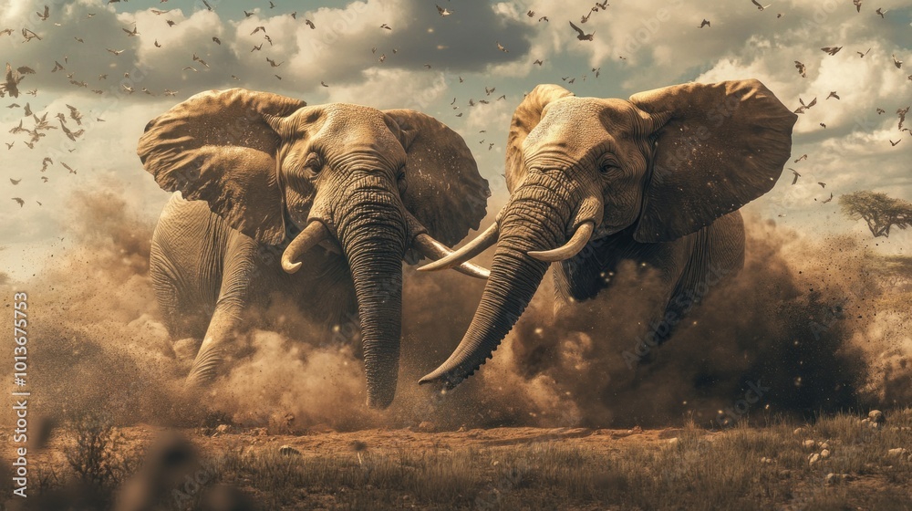 Fototapeta premium Two Elephants Charging Through Dust and Birds in the Sky