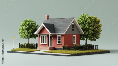 A charming model of a red house surrounded by lush greenery, featuring a cozy exterior and picket fence.