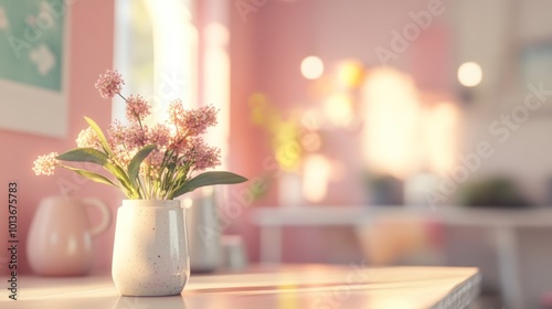 A serene interior scene featuring a vase of flowers on a table in a softly lit room.