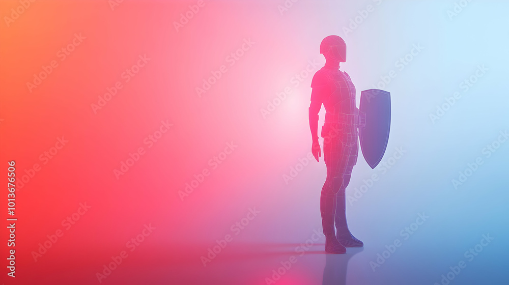 3D Glowing Holographic Soldier Silhouette with Shield and Copy Space on White Background � Modern Design for Hari Pahlawan Celebration 3D Glowing Holographic Soldier Silhouette with Shield and Copy Space on White Background � Modern Design for Hari Pahlawan Celebration