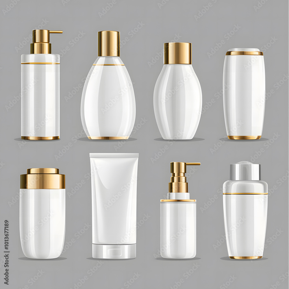 Set of white and golden cosmetic bottle template vector illustration collection, isolated on a white background design Set of white and golden cosmetic bottle template vector illustration collection, isolated on a white background design