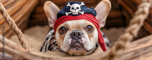 Adorable French Bulldog Pirate Embarks on a Sandbox Adventure, A Fun and Playful Photo of a French Bulldog Dressed as a Pirate Exploring a Sandbox Get Ready to Be Charmed by This Tiny Pirate's