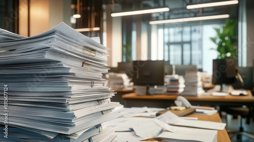 A cluttered office workspace with high stacks of paperwork and several computers in a bright setting.