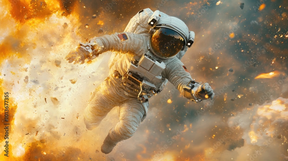 Fototapeta premium Astronaut in a spacesuit caught amidst an energetic explosion, embodying adventure and danger in a vibrant cosmic scene.