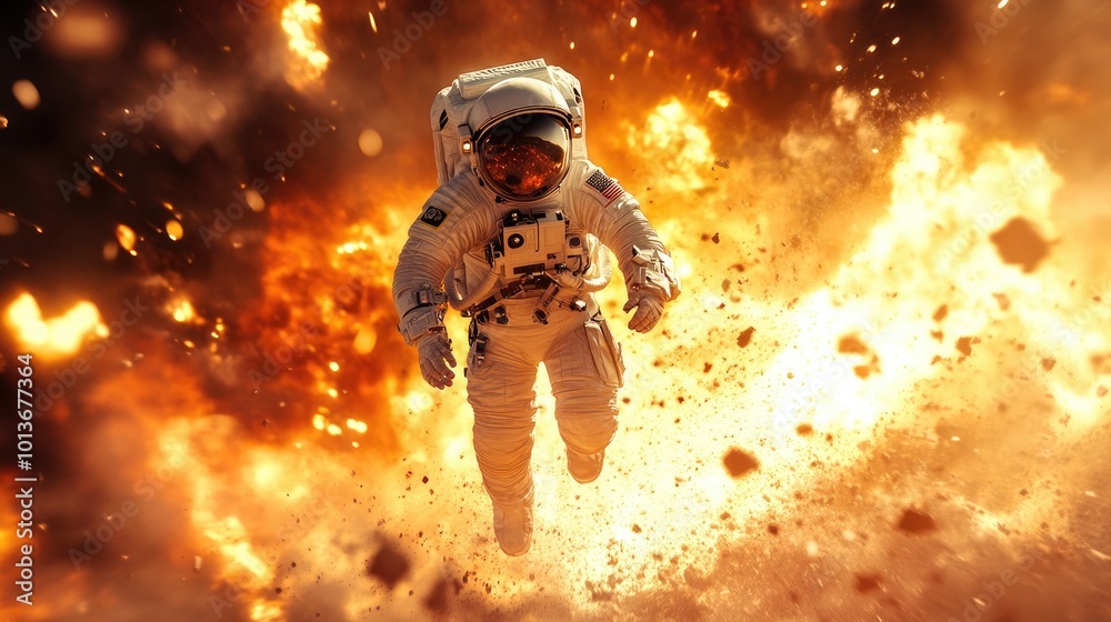 An astronaut in a spacesuit glides through a fiery explosion in space, capturing the essence of thrilling adventure. An astronaut in a spacesuit glides through a fiery explosion in space, capturing the essence of thrilling adventure.