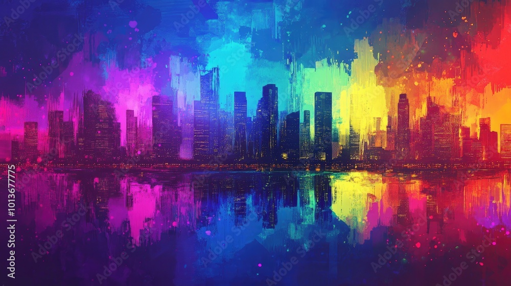 A vibrant and colorful skyline reflecting on water, featuring a blend of blues, purples, pinks, and yellows. A vibrant and colorful skyline reflecting on water, featuring a blend of blues, purples, pinks, and yellows.