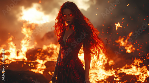 female fire genasi exudes a haunting allure amidst volcanic eruptions at dusk