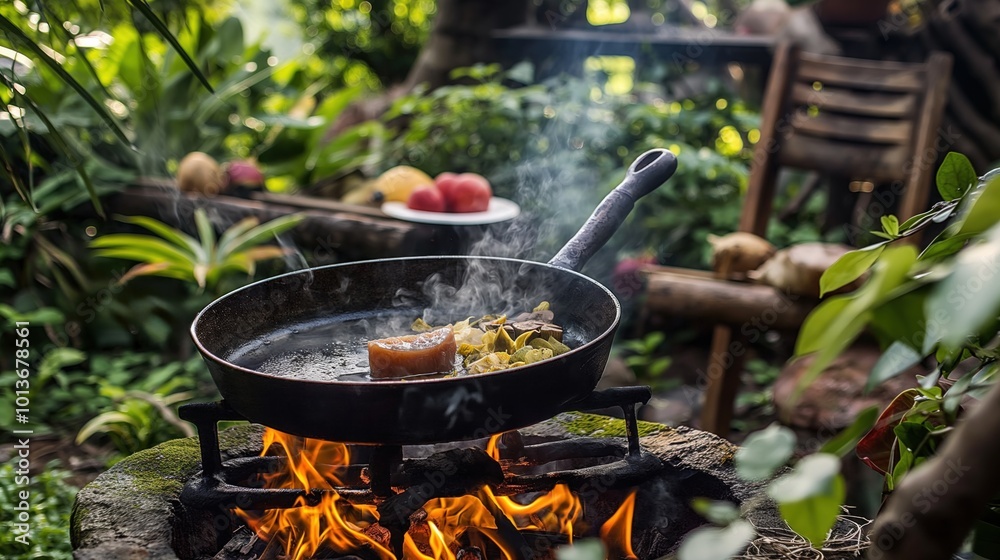 Rustic outdoor cooking scene with black frying pan on stovetop. Fire burns underneath cooking with beef tallow. Fruits, vegetables surround stovetop in green garden. Cooking outdoors, nature, organic Rustic outdoor cooking scene with black frying pan on stovetop. Fire burns underneath cooking with beef tallow. Fruits, vegetables surround stovetop in green garden. Cooking outdoors, nature, organic