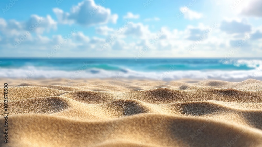 Close-up of golden sand dunes under a bright blue sky with fluffy clouds at a serene beach.