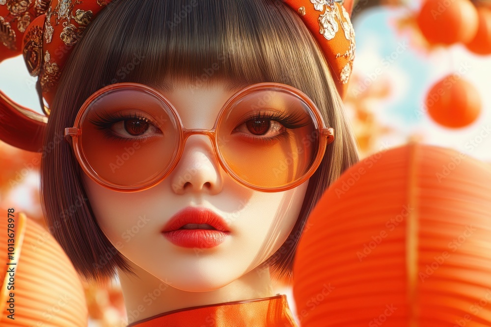 Fototapeta premium Fashionista with Large Round Sunglasses and a Stylish Headband, Exuding Bold 80s Energy, Retro Fashion Inspiration, Vintage Style, Modern Twist