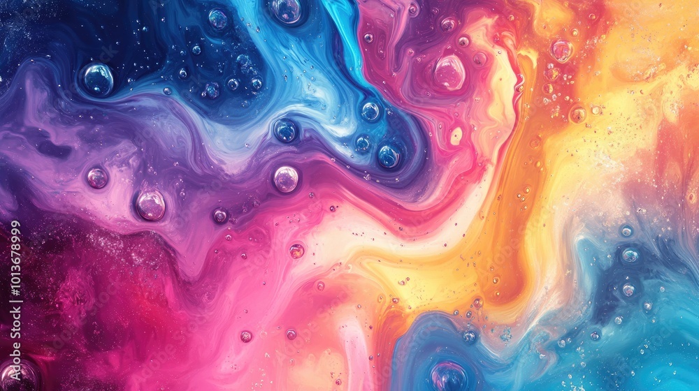 A vibrant abstract swirl of colors featuring deep blues, bright pinks, and warm yellows with bubbles adding texture. A vibrant abstract swirl of colors featuring deep blues, bright pinks, and warm yellows with bubbles adding texture.