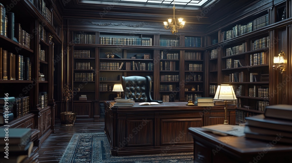 A luxurious wooden office study with a rich atmosphere, featuring a leather chair and bookshelves filled with vintage books.
