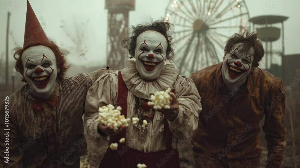 Three creepy clowns laugh maniacally while tossing popcorn at an abandoned carnival, with a rusting ferris wheel in the background, creating a disturbing Halloween atmosphere Three creepy clowns laugh maniacally while tossing popcorn at an abandoned carnival, with a rusting ferris wheel in the background, creating a disturbing Halloween atmosphere
