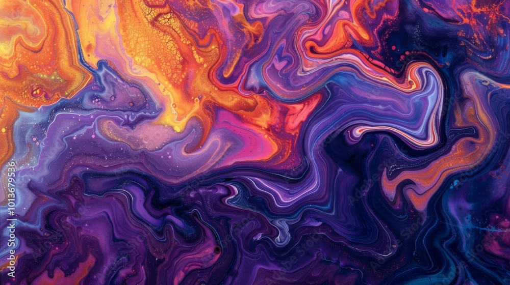 Abstract fluid art in dark purples and oranges with swirling motion and vibrant texture Abstract fluid art in dark purples and oranges with swirling motion and vibrant texture