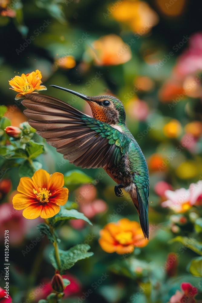 Fototapeta premium Hummingbird in Flight: Captivating Close-Up of Pollination in a Colorful Garden Scene