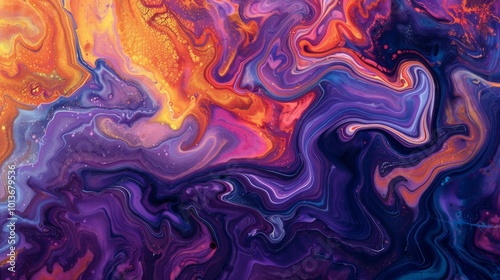 Abstract fluid art in dark purples and oranges with swirling motion and vibrant texture photo