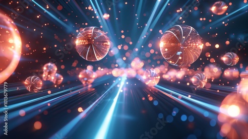 Futuristic abstract spheres with glowing lines and light trails in a digital space photo