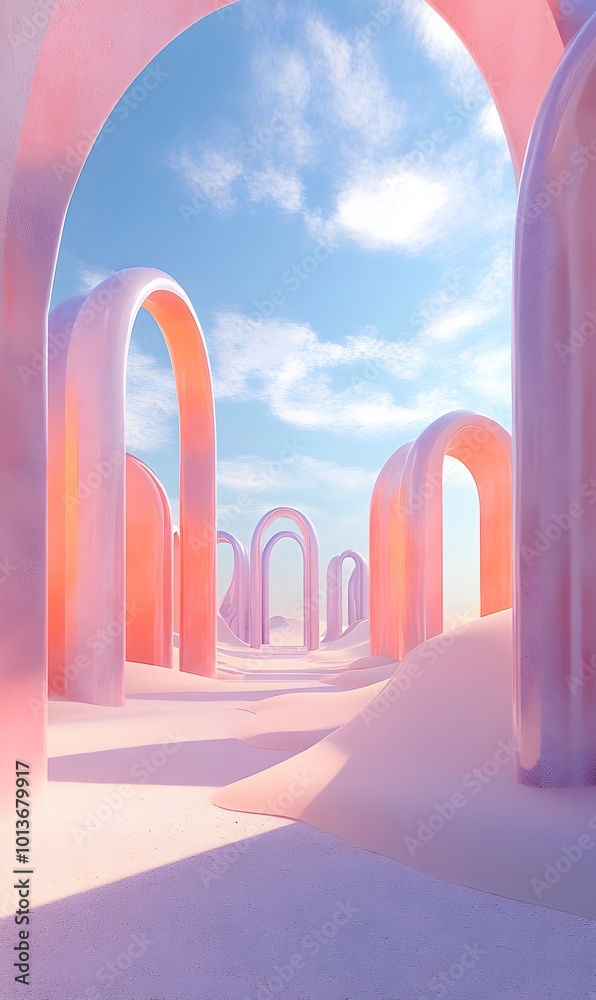 2. An imaginative scene showcasing a dreamy pastel desert landscape, complete with whimsical geometric forms and soft dune shapes, highlighted by futuristic arches and a serene blue sky, perfect for 2. An imaginative scene showcasing a dreamy pastel desert landscape, complete with whimsical geometric forms and soft dune shapes, highlighted by futuristic arches and a serene blue sky, perfect for