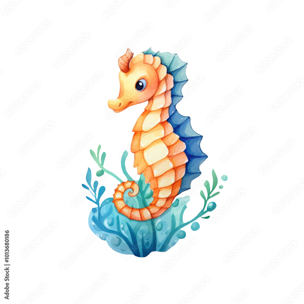 Obraz premium Seahorses are swimming among blue underwater plants in the ocean. Ideal for marine life, nature, or underwater themed designs. Generative AI