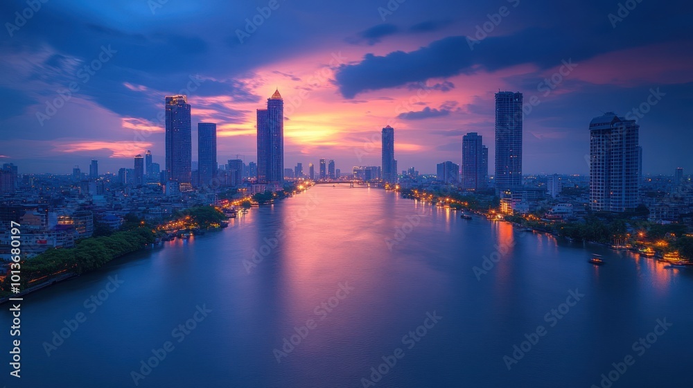 A panoramic view of a city skyline with a river flowing through it at sunset. The sky is a beautiful blend of pink and blue, with the sun setting behind the skyscrapers. A panoramic view of a city skyline with a river flowing through it at sunset. The sky is a beautiful blend of pink and blue, with the sun setting behind the skyscrapers.
