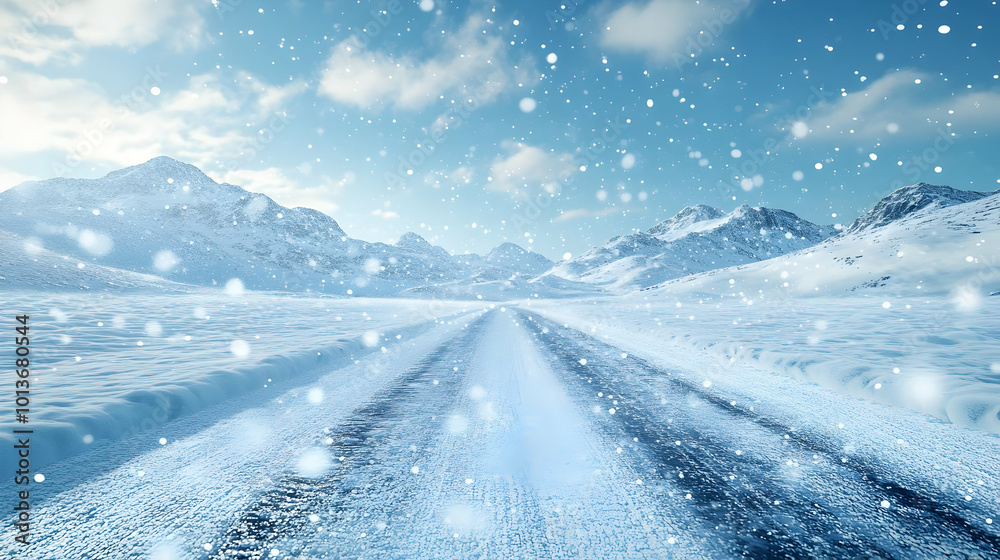 3D Glossy Ice-Covered Road with Falling Snowflakes: Perfect Winter Landscape for Banners & Copy Space 3D Glossy Ice-Covered Road with Falling Snowflakes: Perfect Winter Landscape for Banners & Copy Space