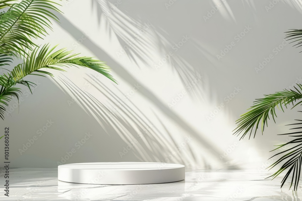 Modern podium with water and palm leaves, soft daylight, empty white wall, summer beach theme, minimal design, 3D rendering, clean and elegant Modern podium with water and palm leaves, soft daylight, empty white wall, summer beach theme, minimal design, 3D rendering, clean and elegant