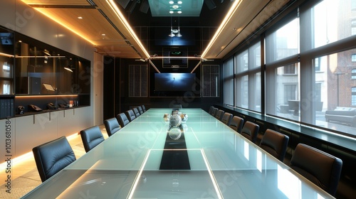 Stylish boardroom with sleek glass table and warm lighting photo