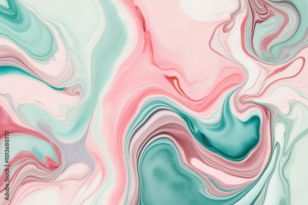 Fototapeta premium Dreamy Watercolor Texture Background with Soft Pastel Mint and Rose Colors and Fluid Marbled Design Elements