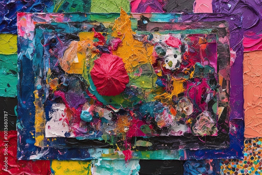 Fototapeta premium Vibrant Chaotic Surreal Mixed-Media Artwork Texture with Acrylic Paint and Layered Rectangular Compositions