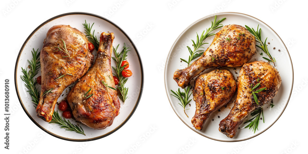 Collection of Roasted Chicken Drumsticks on Plates with Herbs on Transparent Background