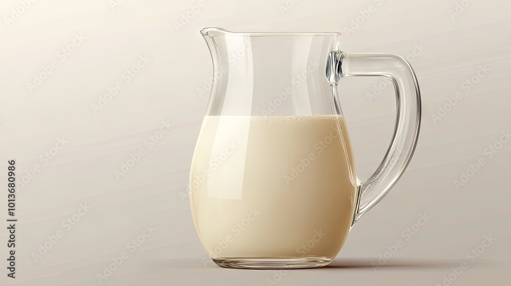 A clear glass pitcher filled with creamy milk against a soft, neutral background. A clear glass pitcher filled with creamy milk against a soft, neutral background.