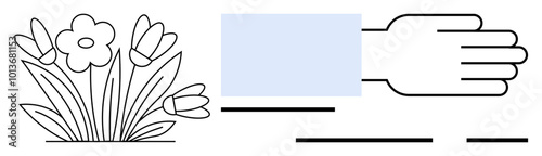 Minimalist design shows hand and flowers in line art style. Ideal for nature, growth, care, minimalism, and botanical themes. Simple colours make it modern and elegant. Perfect for eco-friendly