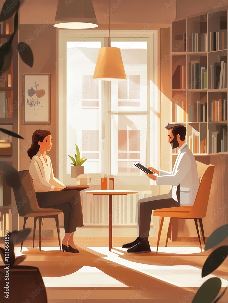 Fototapeta premium A doctor explains a diagnosis to a patient in a comfortably furnished consultation room filled with natural light. Generative AI