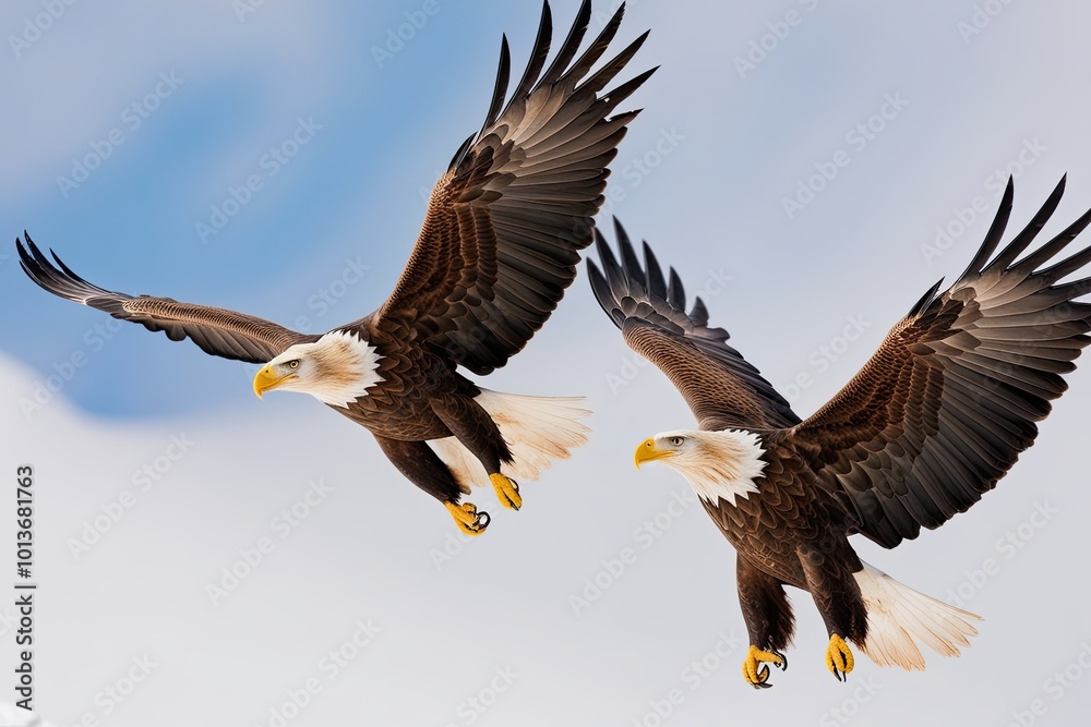 Fototapeta premium Majestic Pair of Soaring Eagles Isolated on Snow White Background