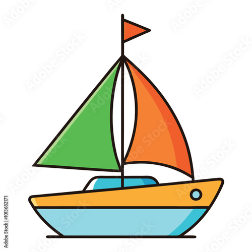 Colorful sailboat vector illustration with bold shapes, bright colors, and playful design.
Minimalist sailboat vector with orange body, green sails, and blue waves for children’s graphics.