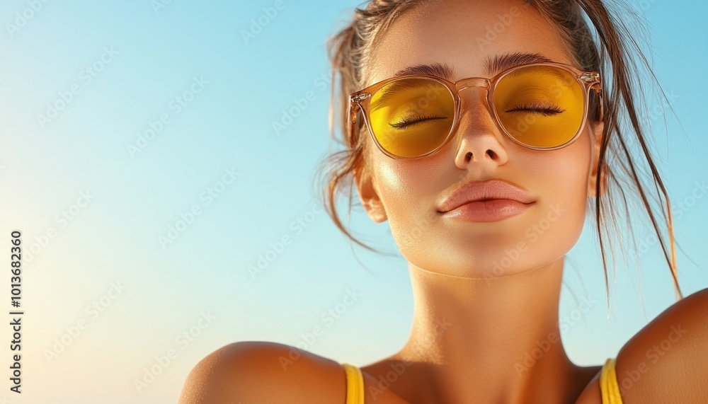Naklejka premium Stylish Woman in Sunglasses Relaxing by the Pool on a Sunny Summer Vacation, Enjoy the Ultimate Leisure and Soak Up the Sun in Style