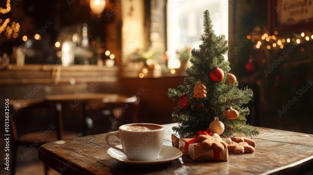 A small Christmas tree in a rustic caf?(C), surrounded by Christmas cookies and hot chocolate. A small Christmas tree in a rustic caf?(C), surrounded by Christmas cookies and hot chocolate.