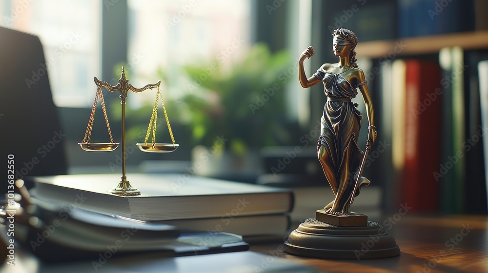 A bronze statue of Lady Justice stands next to balanced scales in a law office, symbolizing fairness and equity. A bronze statue of Lady Justice stands next to balanced scales in a law office, symbolizing fairness and equity.
