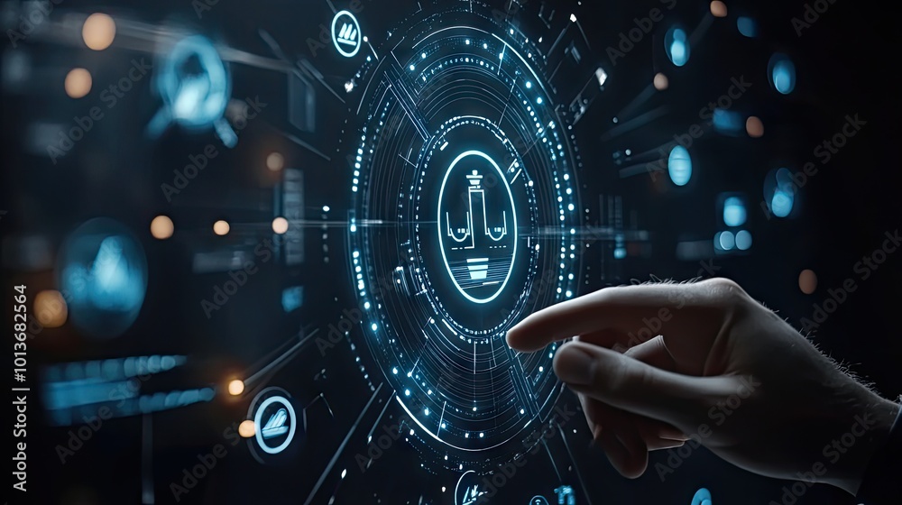 A close-up of a human hand interacting with a futuristic touchscreen interface displaying data and graphics. A close-up of a human hand interacting with a futuristic touchscreen interface displaying data and graphics.