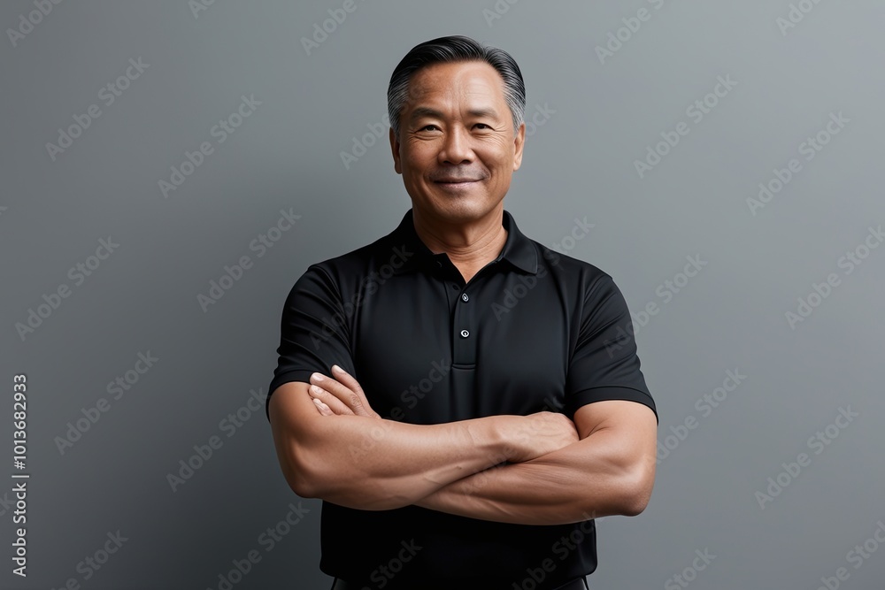 Confident Middle-Aged Businessman in Black Polo Shirt Professional Grey Background Mock-Up Confident Middle-Aged Businessman in Black Polo Shirt Professional Grey Background Mock-Up