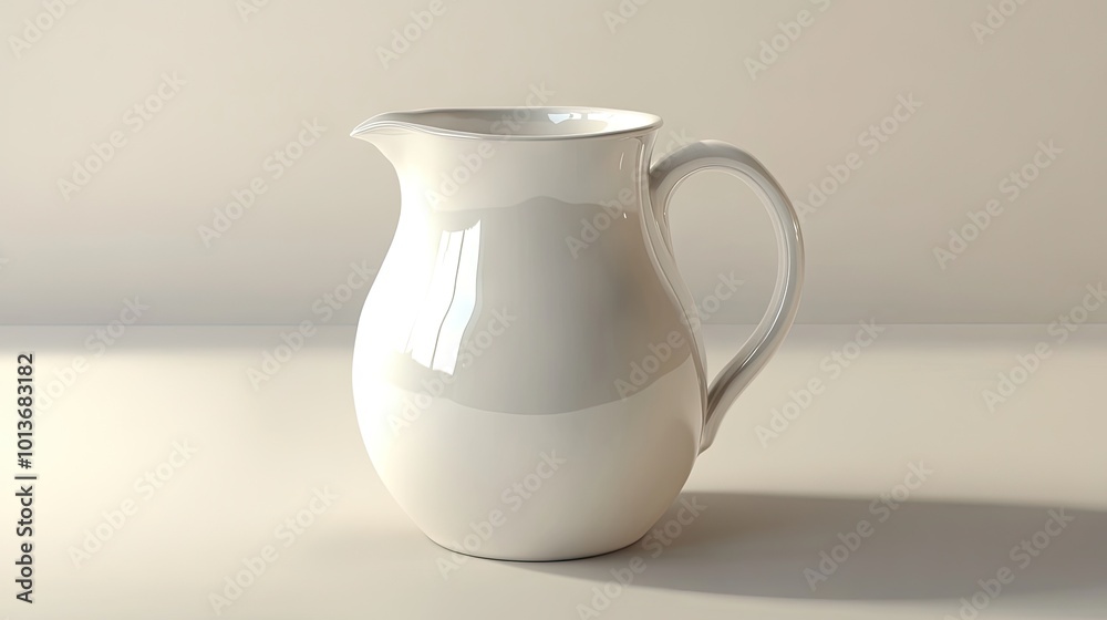 A smooth, glossy white ceramic pitcher elegantly displayed on a minimalist surface. A smooth, glossy white ceramic pitcher elegantly displayed on a minimalist surface.